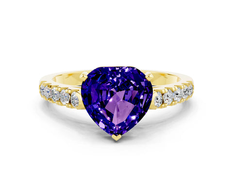 Yellow gold Heart Cut {stone} Solitaire Ring with Pavé Band and Four Prong Setting