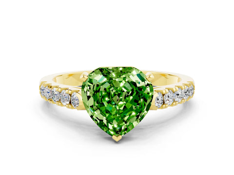 Yellow gold Heart Cut {stone} Solitaire Ring with Pavé Band and Four Prong Setting