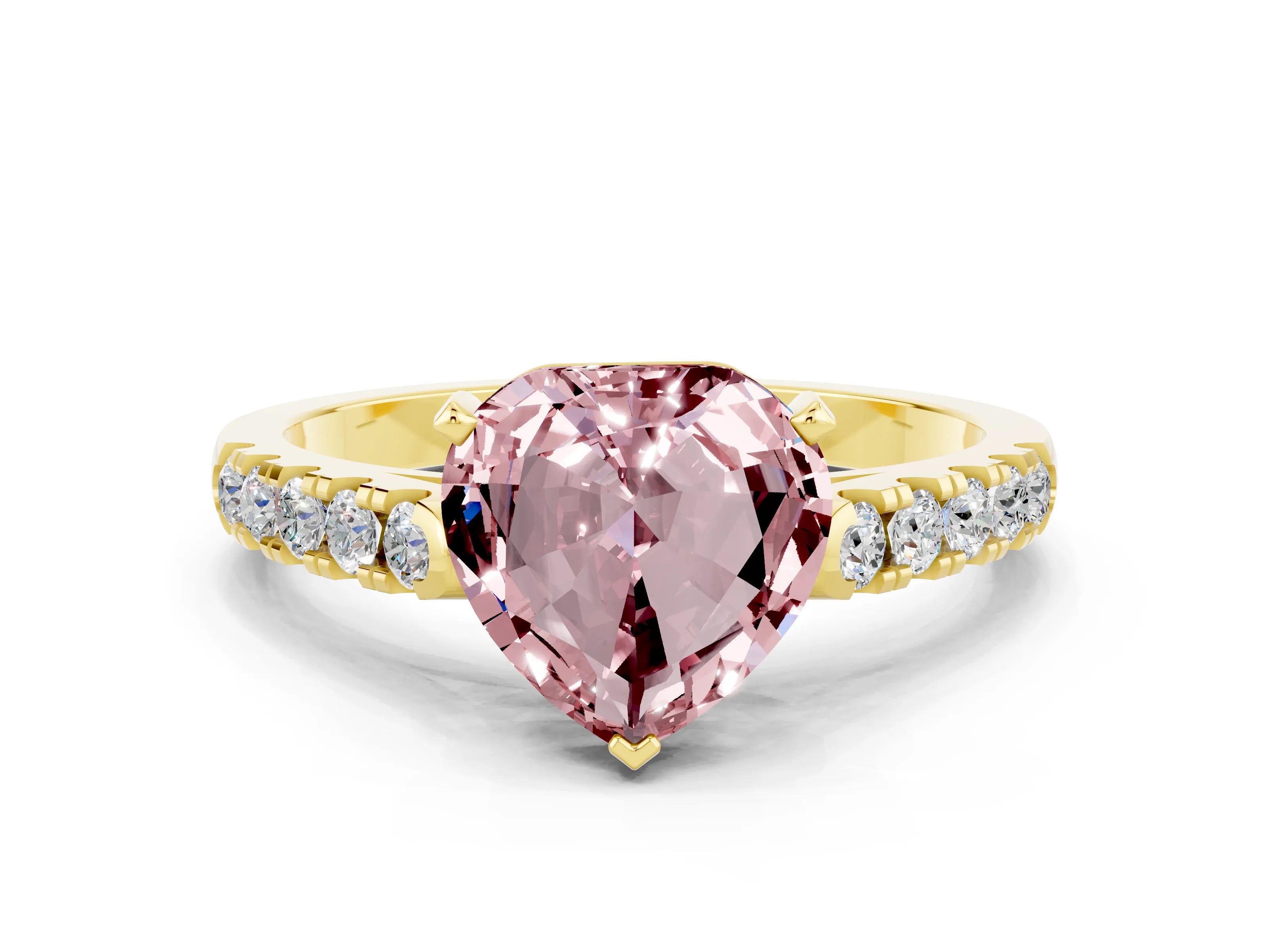 Yellow gold Heart Cut {stone} Solitaire Ring with Pavé Band and Four Prong Setting