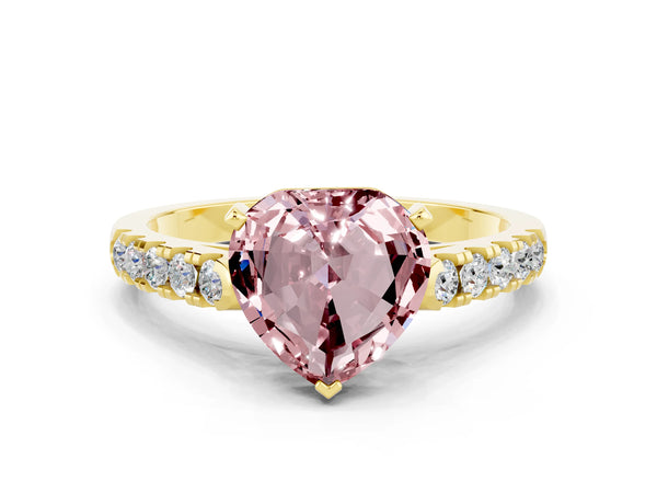 Yellow gold Heart Cut Morganite Pavé Band Solitaire Ring with Prong Setting