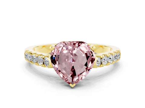 Yellow gold Heart Cut {stone} Solitaire Ring with Pavé Band and Four Prong Setting