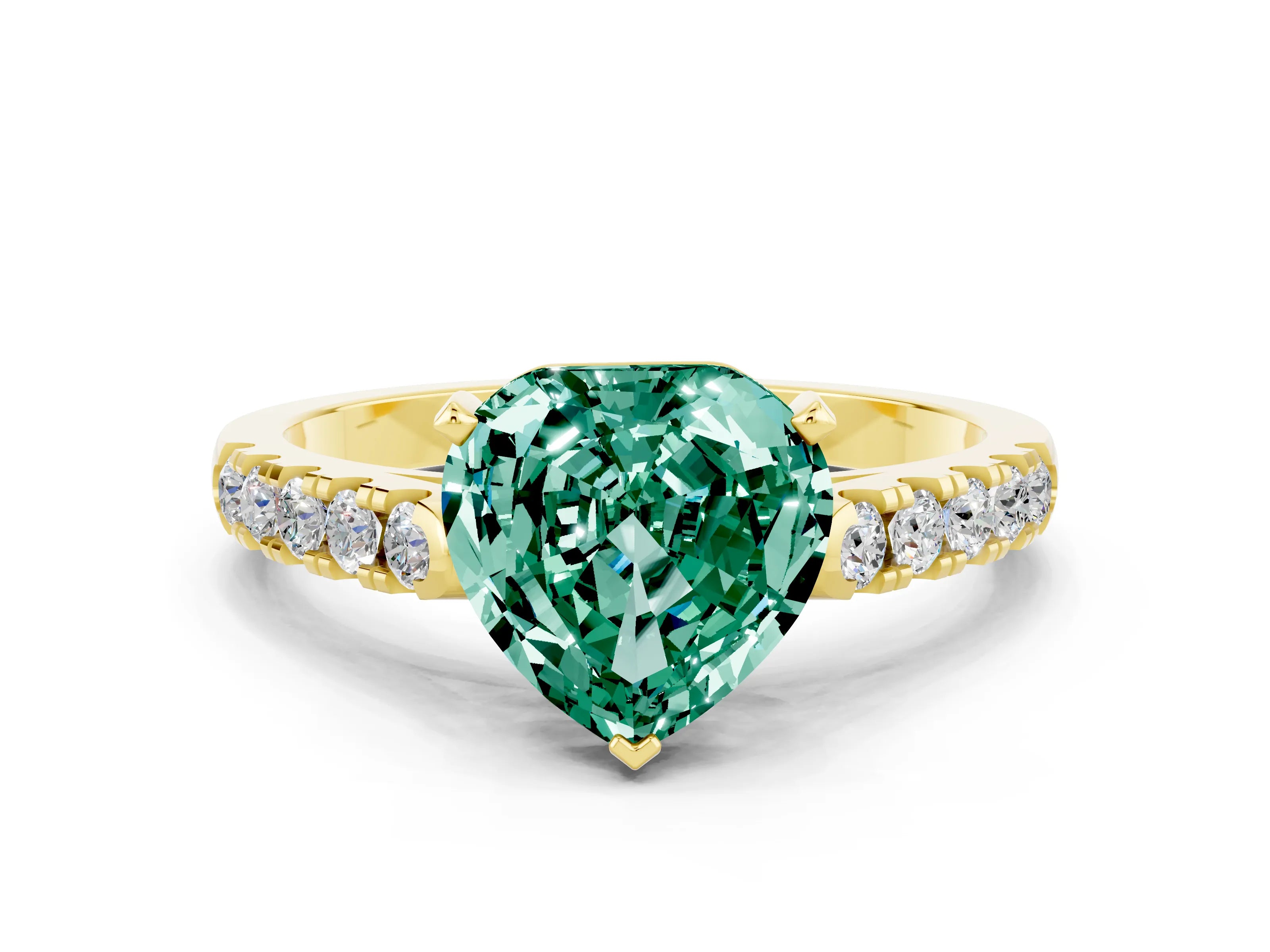 Yellow gold Heart Cut {stone} Solitaire Ring with Pavé Band and Four Prong Setting