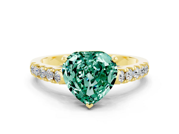Yellow gold Heart Cut Green Sapphire Pavé Band Solitaire Ring with Prong Setting