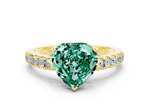 Yellow gold Heart Cut {stone} Solitaire Ring with Pavé Band and Four Prong Setting