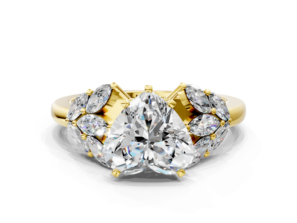 Yellow gold Heart Diamond Cluster Leaf Design Ring with Prong Setting