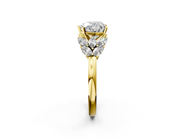Yellow gold Heart Diamond Cluster Leaf Design Ring with Prong Setting