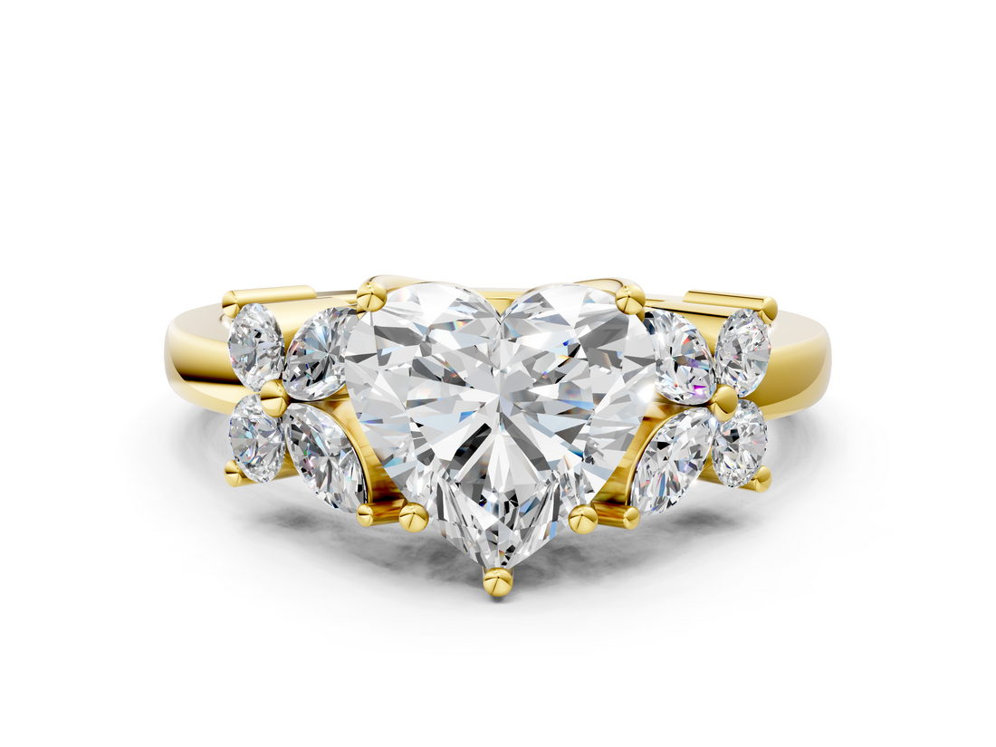 Yellow gold Heart Diamond Floral Cluster Ring with Solitaire Band and Prong Setting_75