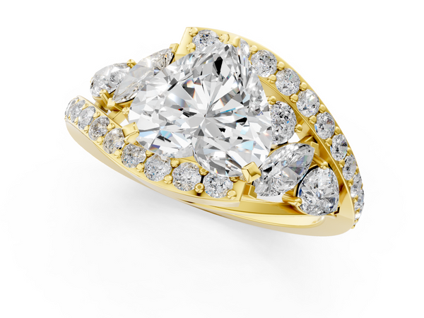 Yellow gold Heart Diamond Halo Ring with Marquise and Pavé Band in Prong Setting
