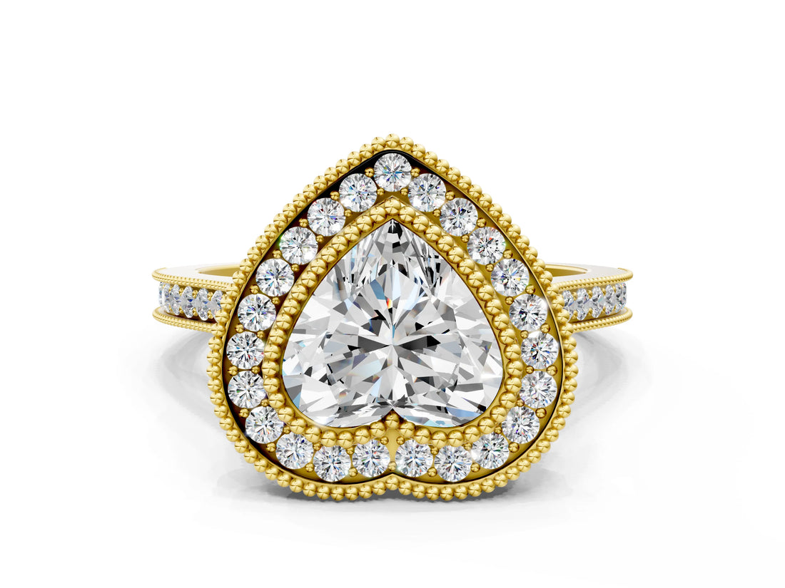 Yellow gold Heart Diamond Halo Ring with Milgrain Frame and Pavé Band_60