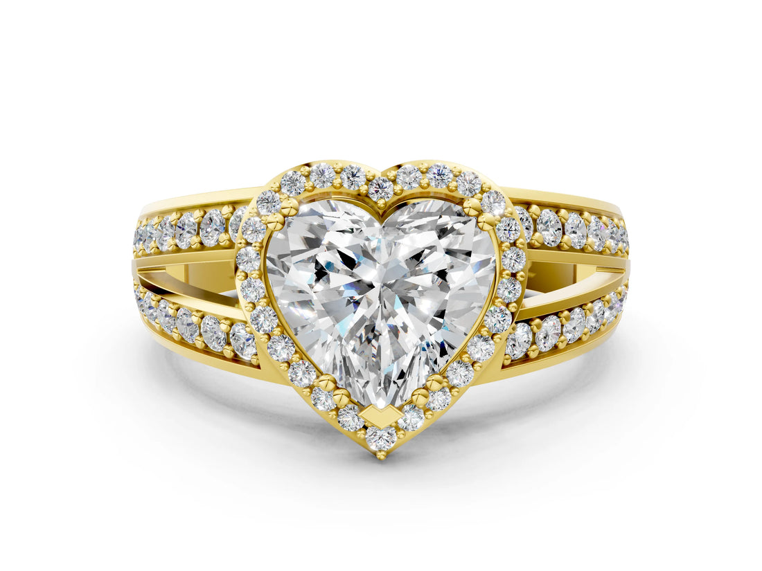 Yellow gold Heart Diamond Halo Ring with Split Shank Pavé Band and Four-Prong Setting_6