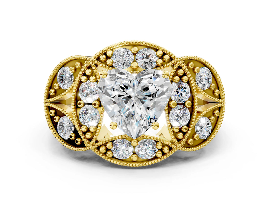 Yellow gold Heart Diamond Milgrain Marquise Filigree Engagement Ring with Prong Setting_6
