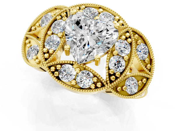Yellow gold Heart Diamond Milgrain Marquise Filigree Engagement Ring with Prong Setting