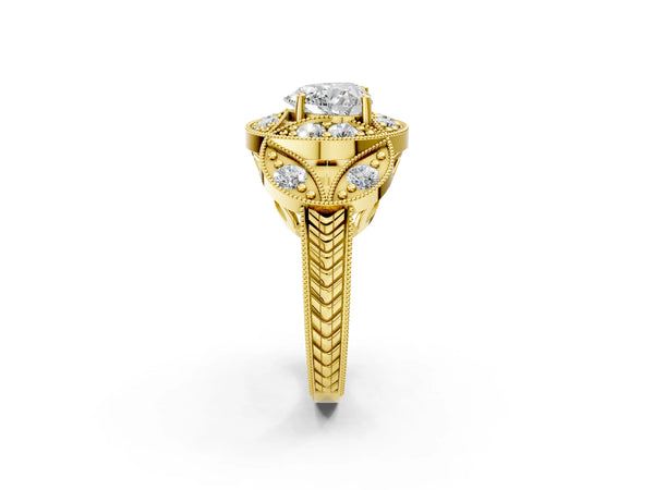 Yellow gold Heart Diamond Milgrain Marquise Filigree Engagement Ring with Prong Setting
