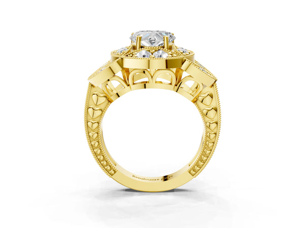 Yellow gold Heart Diamond Milgrain Marquise Filigree Engagement Ring with Prong Setting