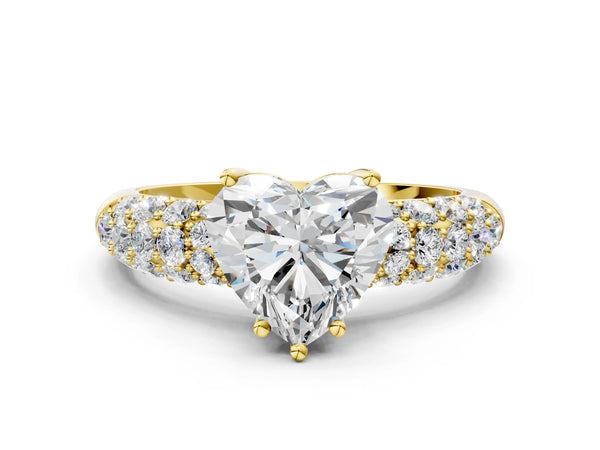 Yellow gold Heart Diamond Pavé Band Solitaire Ring with Four-Prong Setting