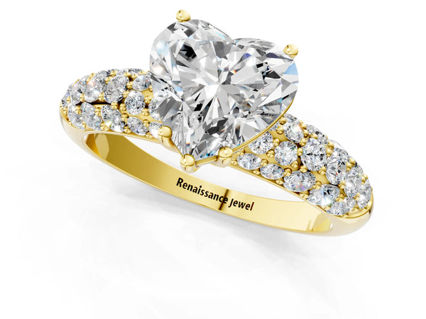 Yellow gold Heart Diamond Pavé Band Solitaire Ring with Four-Prong Setting