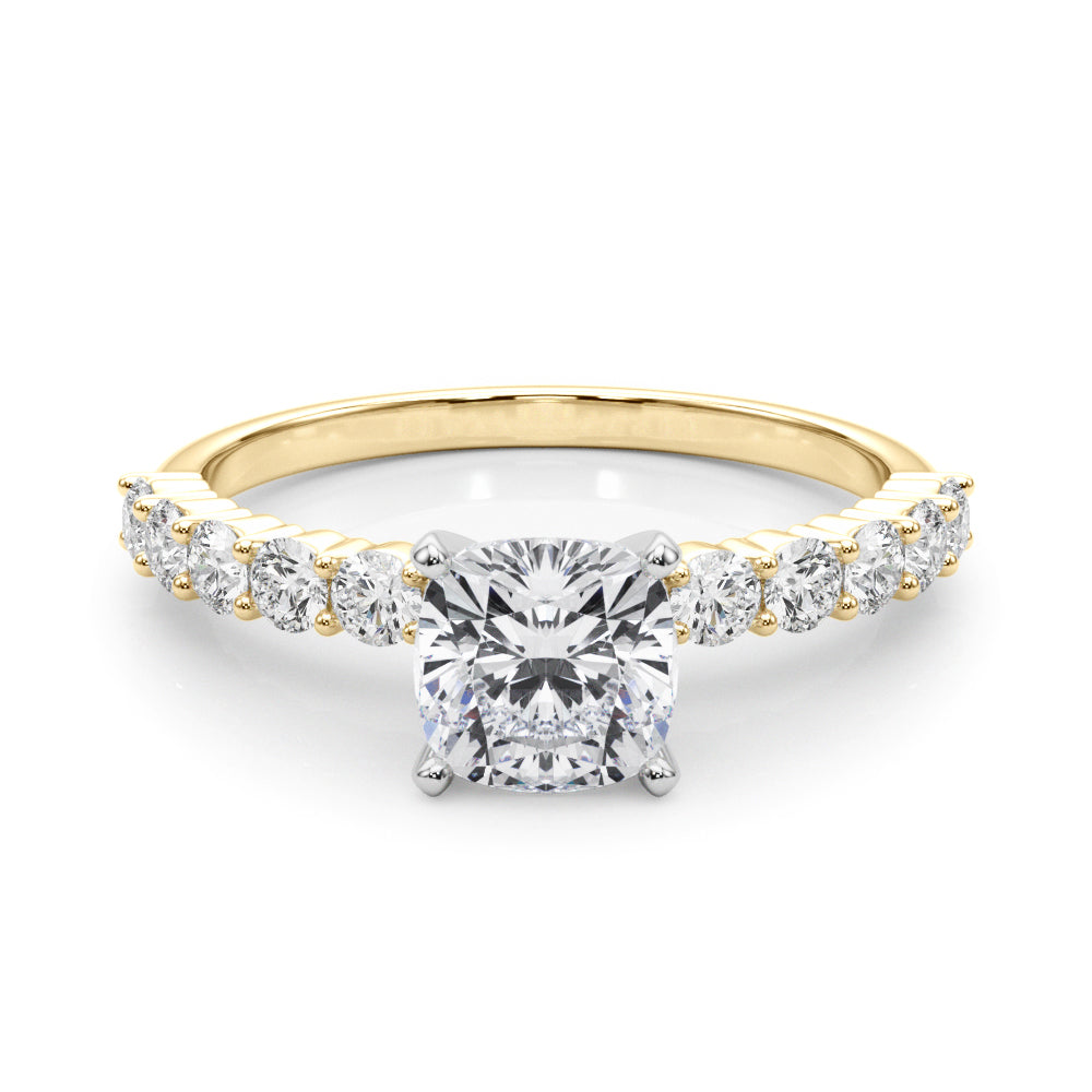 Yellow gold Heart Diamond Pavé Band Solitaire with Four-Prong Setting