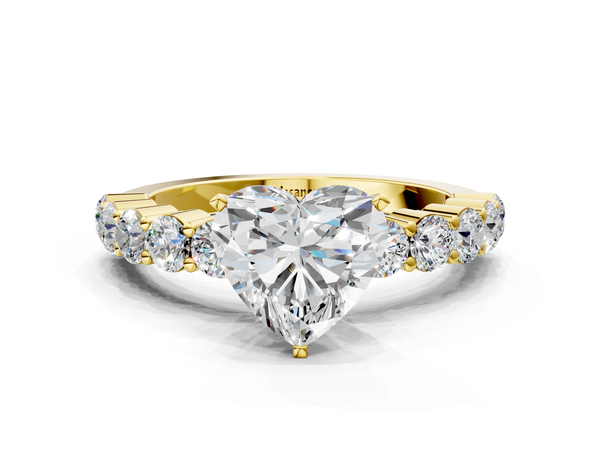 Yellow gold Heart Diamond Solitaire Ring with Shared Prong Round Side Stones
