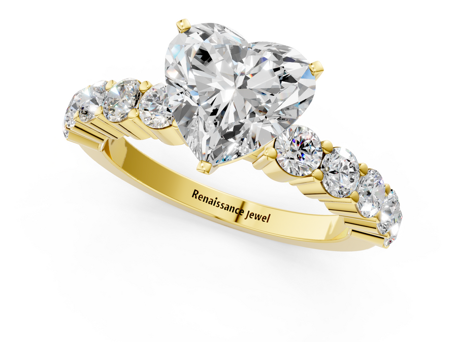 Yellow gold Heart Diamond Solitaire Ring with Shared Prong Round Side Stones