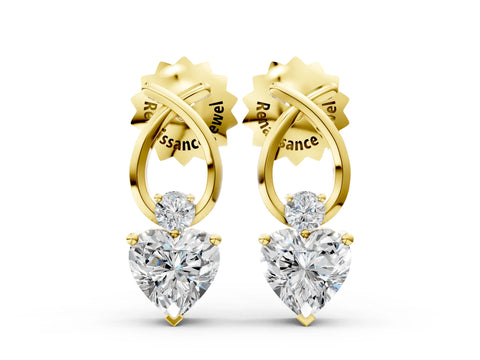 Yellow gold Heart Diamond Ribbon Drop Earrings with Diamond Accent