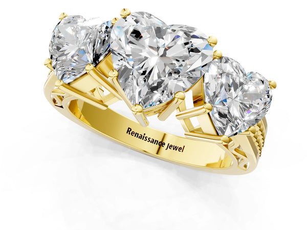 Yellow Gold Heart-Shaped Three-Stone Engagement Ring Setting with Beaded Shoulders