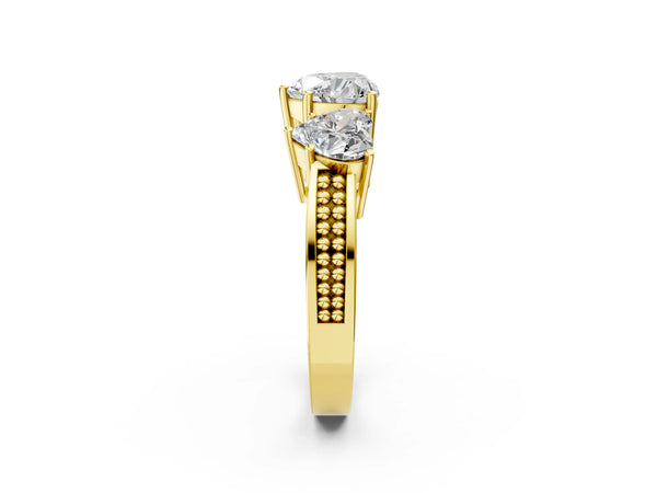 Yellow Gold Heart-Shaped Three-Stone Engagement Ring Setting with Beaded Shoulders