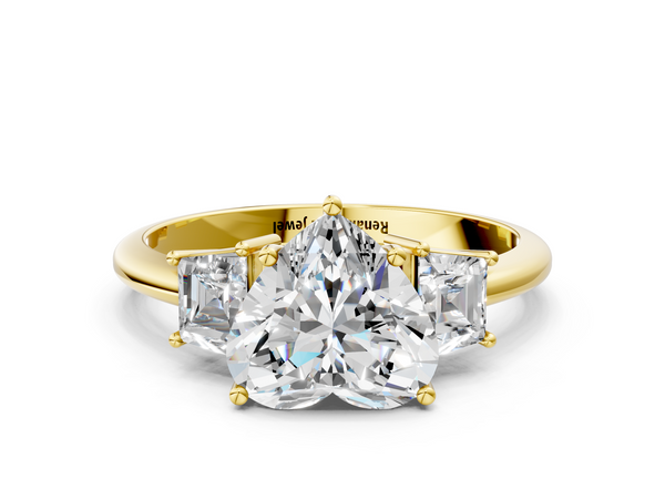 Yellow gold Heart Diamond Three-Stone Ring with Trapezoid Side Stones and Prong Setting