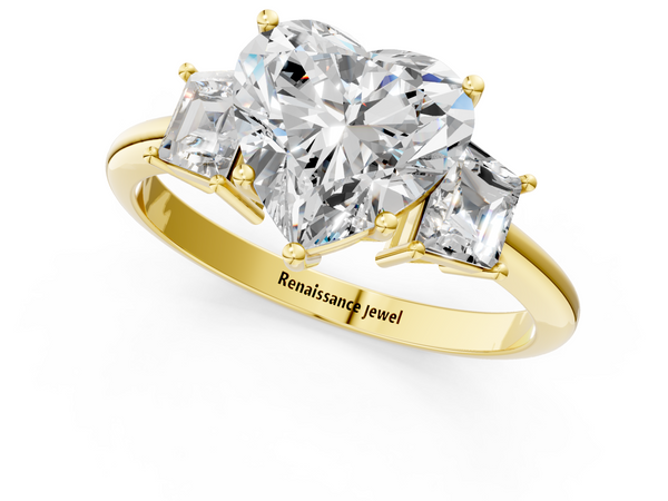 Yellow gold Heart Diamond Three-Stone Ring with Trapezoid Side Stones and Prong Setting