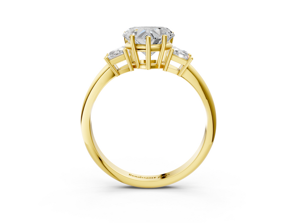 Yellow gold Heart Diamond Three-Stone Ring with Trapezoid Side Stones and Prong Setting