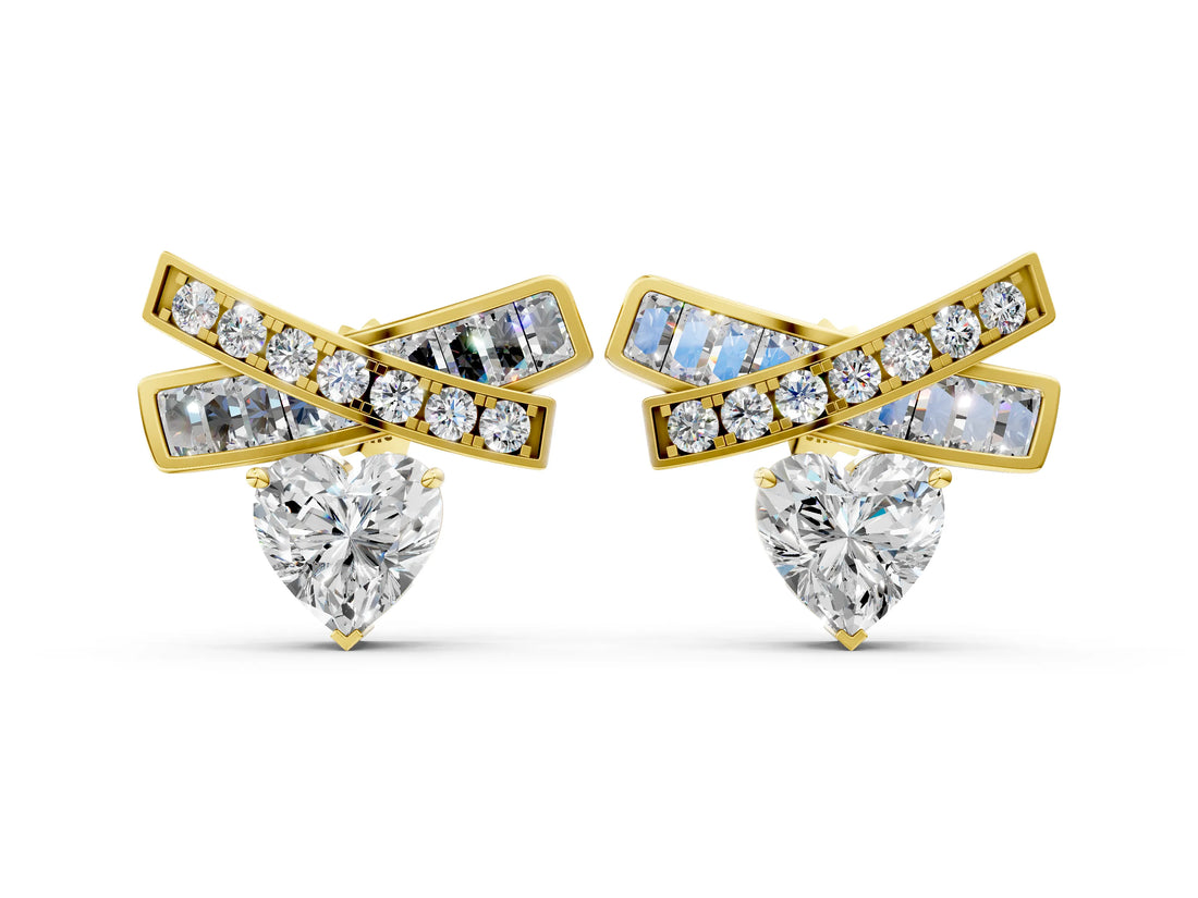 Yellow gold Heart Diamond X Stud Earrings with Baguette and Round Accents_12