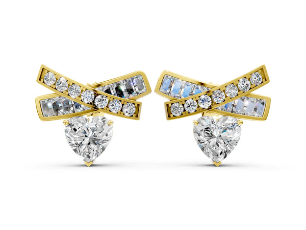 Yellow gold Heart Diamond X Stud Earrings with Baguette and Round Accents