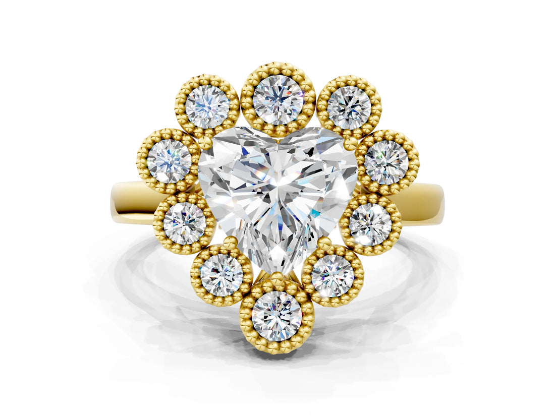 Yellow gold Heart Halo Diamond Cluster Engagement Ring with Milgrain Bezel Setting and Solitaire Band_21
