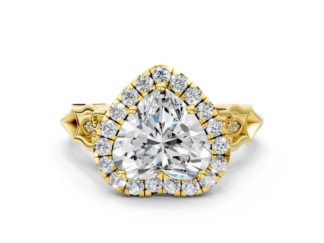 Yellow gold Heart Halo Diamond Engagement Ring with Filigree Band and Four-Prong Setting_81