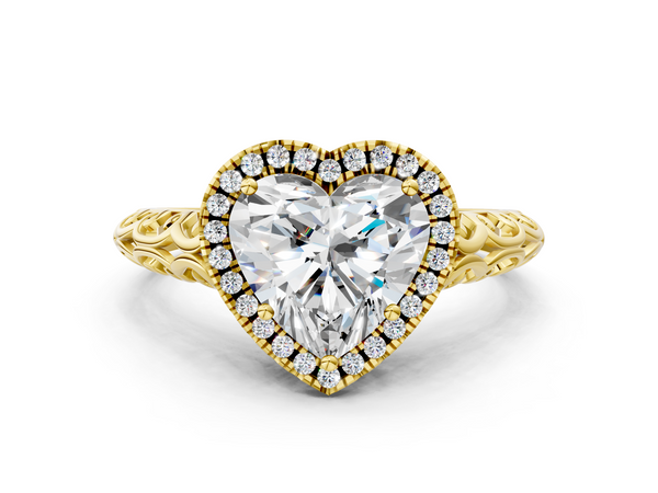 Yellow gold Heart Halo Diamond Engagement Ring with Intricate Filigree Band and Four-Prong Setting