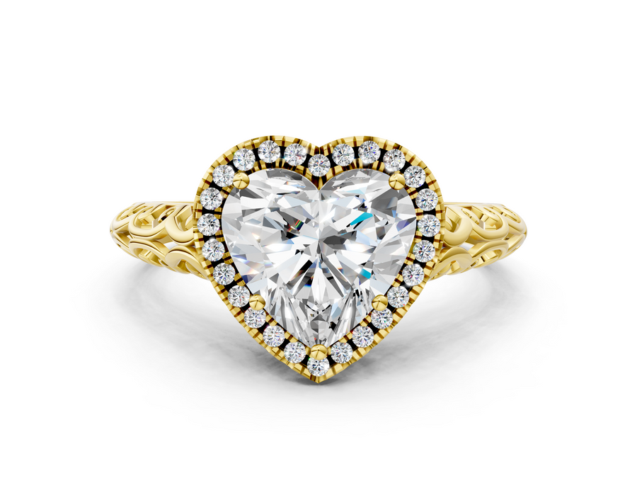 Yellow gold Heart Halo Diamond Engagement Ring with Intricate Filigree Band and Four-Prong Setting