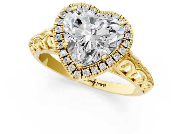 Yellow gold Heart Halo Diamond Engagement Ring with Intricate Filigree Band and Four-Prong Setting