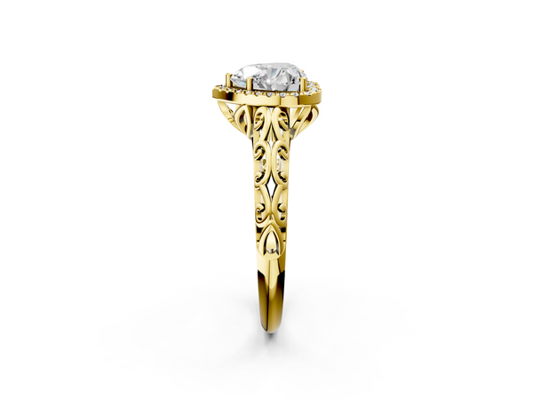Yellow gold Heart Halo Diamond Engagement Ring with Intricate Filigree Band and Four-Prong Setting