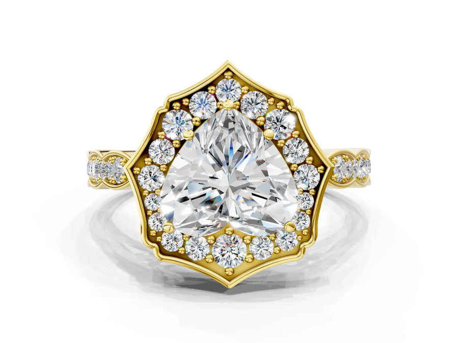 Yellow gold Heart Halo Diamond Engagement Ring with Milgrain Band and Four-Prong Setting