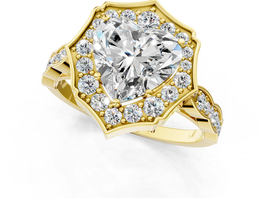 Yellow gold Heart Halo Diamond Engagement Ring with Milgrain Band and Four-Prong Setting