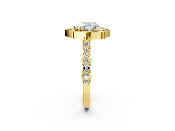 Yellow gold Heart Halo Diamond Engagement Ring with Milgrain Band and Four-Prong Setting