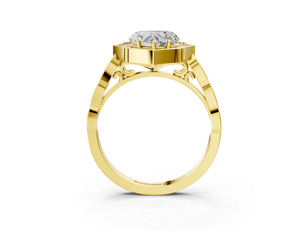 Yellow gold Heart Halo Diamond Engagement Ring with Milgrain Band and Four-Prong Setting