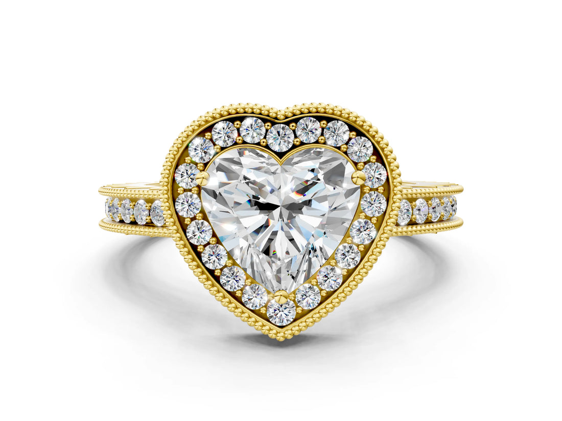 Yellow gold Heart Halo Diamond Engagement Ring with Milgrain Pave Band and Four-Prong Setting_12