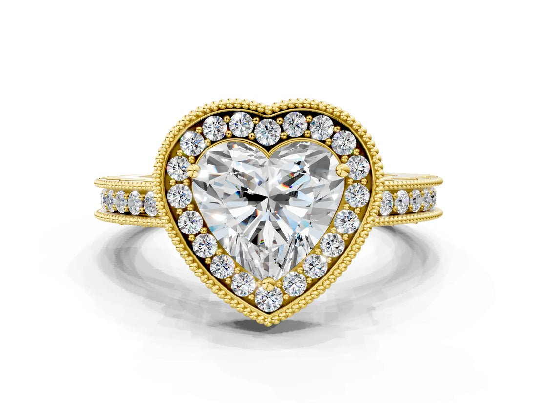 Yellow gold Heart Halo Diamond Engagement Ring with Milgrain Pave Band and Four-Prong Setting_63