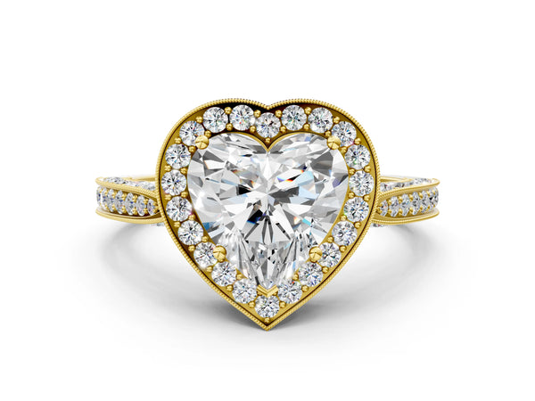 Yellow Gold Heart-Shaped Milgrain Halo Engagement Ring Setting with Pave
