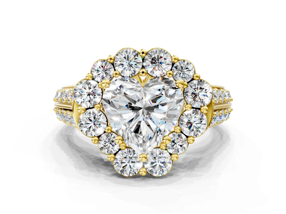 Yellow gold Heart Halo Diamond Engagement Ring with Split Shank and Prong Setting_65