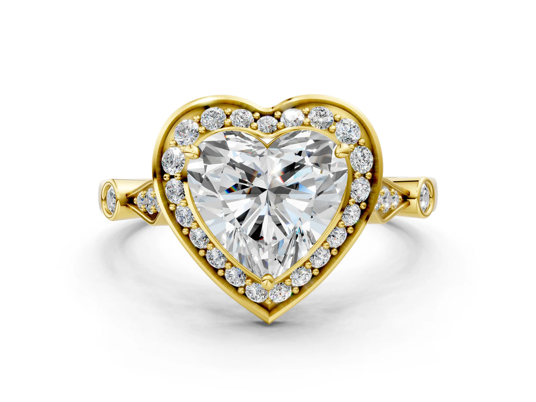 Yellow gold Heart Halo Diamond Engagement Ring with Twisted Band and Four-Prong Setting
