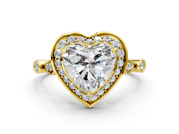 Yellow Gold Heart-Shaped Bezel Station Halo Engagement Ring Setting