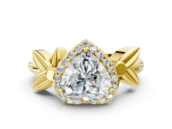 Yellow Gold Heart-Shaped Halo Engagement Ring Setting with Floral Leaf Shoulders