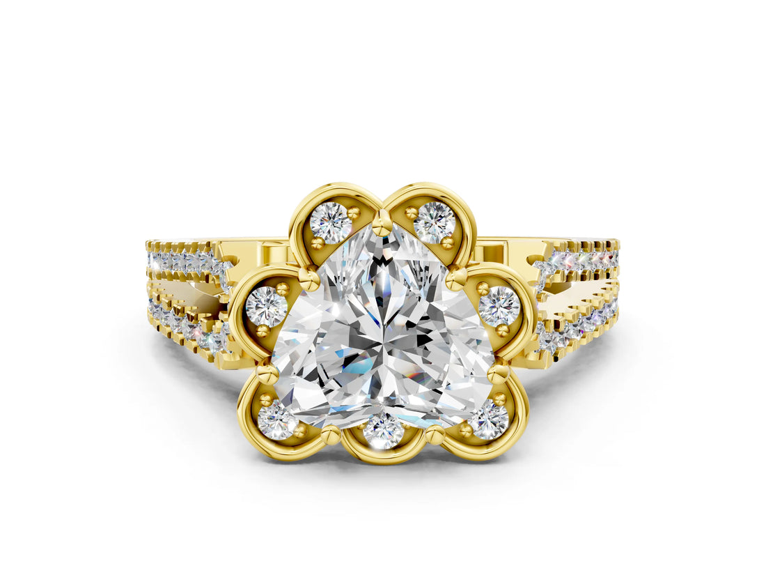 Yellow gold Heart Halo Diamond Floral Split Shank Engagement Ring