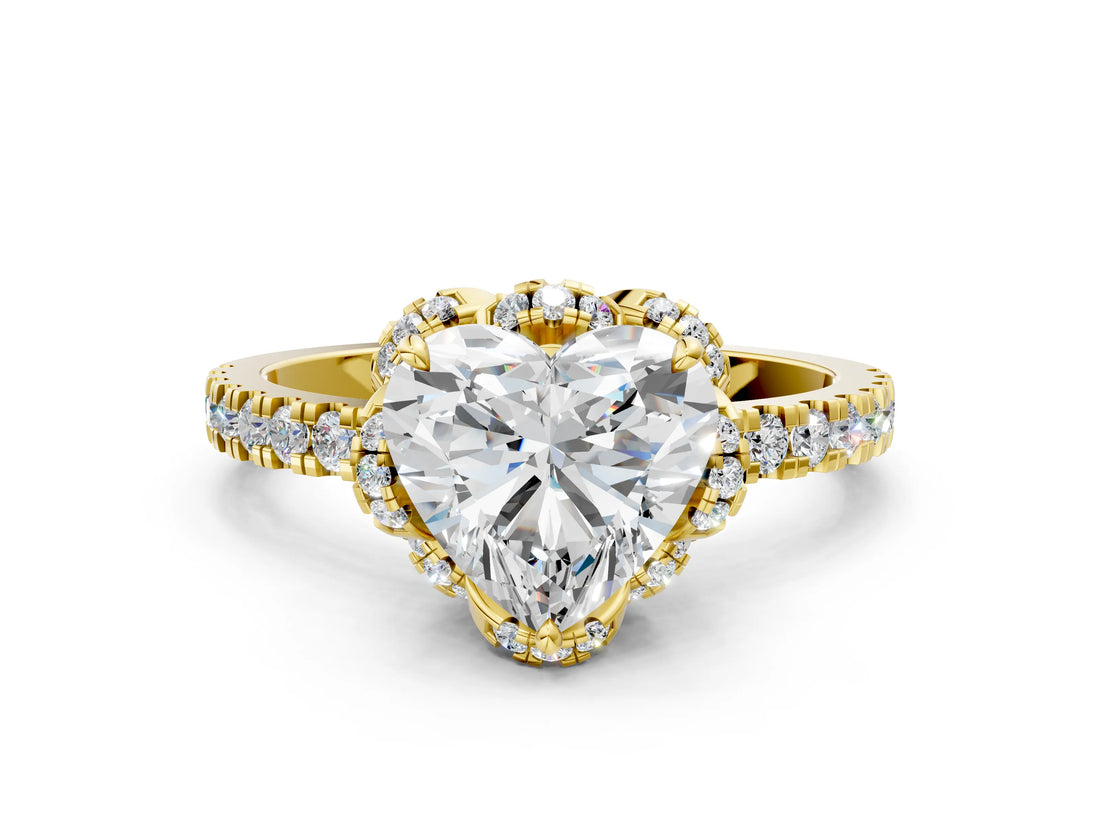 Yellow gold Heart Halo Diamond Pave Band Ring with Four-Prong Setting_34